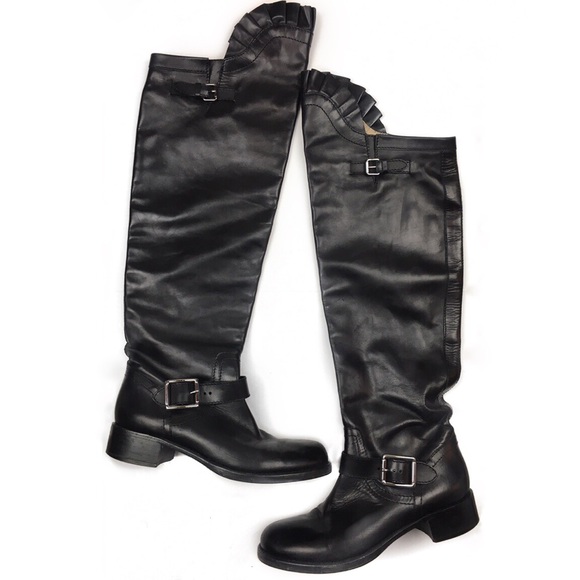 Valentino Shoes - Valentino Black Ruffled Over the Knee Moto Boot